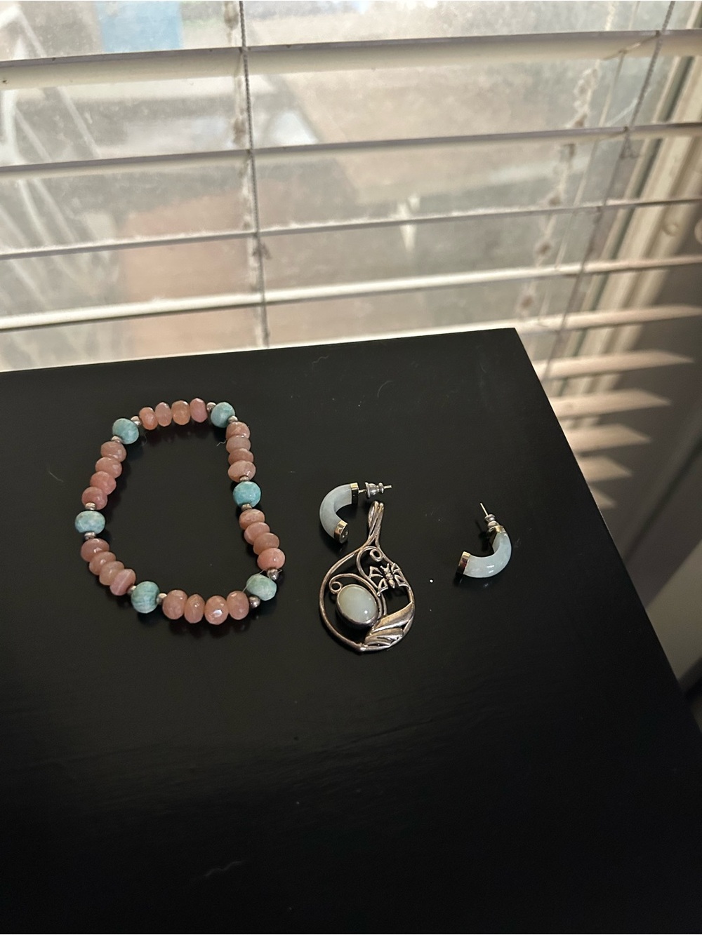 Sterling Silver Blue and Pink Beaded Bracelet with Blue Stone Pendant Earrings